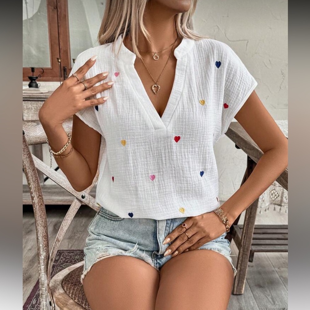 Cotton White Heart Embroidered V-Neck Top Blouse Shirt